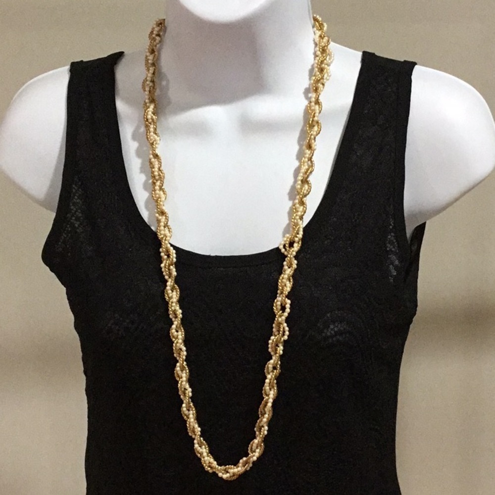 Vintage Glam Pearl & Gold Twisted Rope Long Strand Necklace - 32”